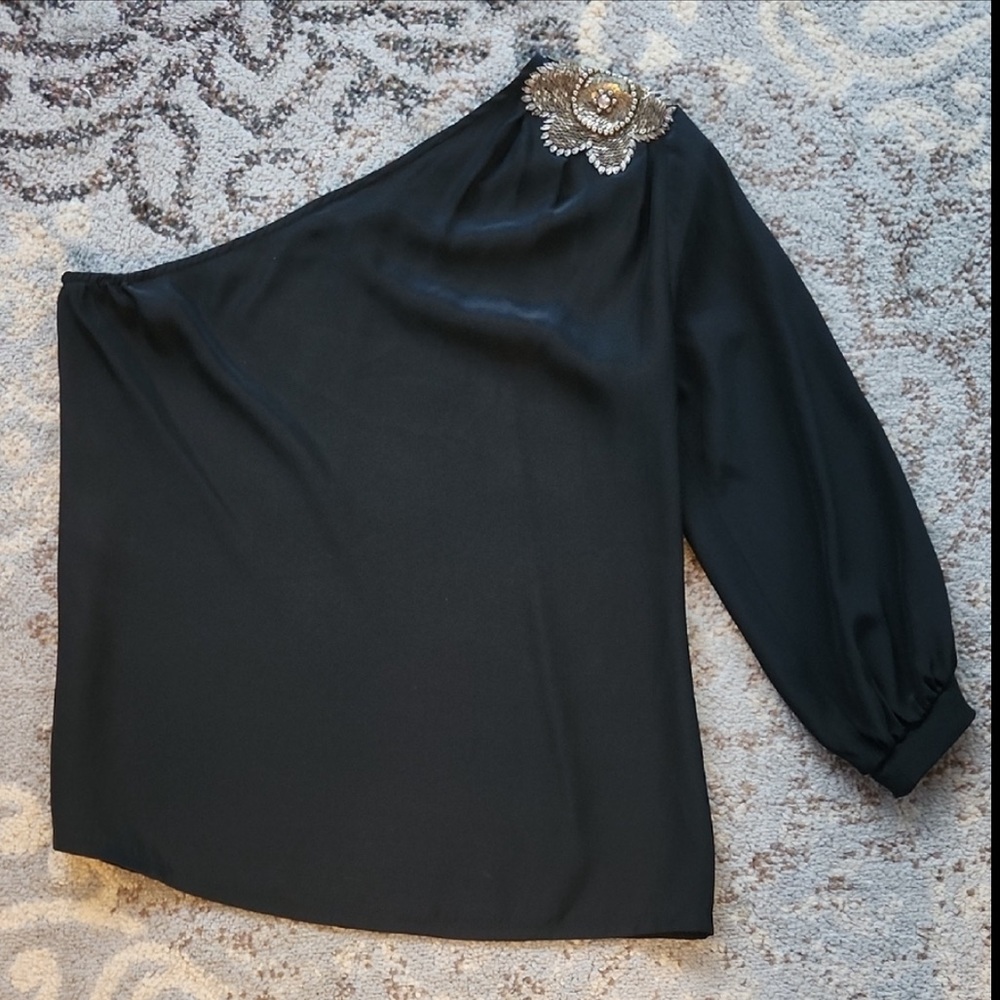 Karina Grimaldi Silk Asymmetrical Flower Appliqué Blouse Black XS